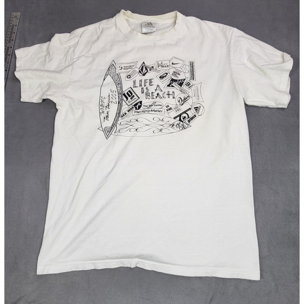 Adidas Adilette Life's a Beach T Shirt Mens Small Shirt Crew Neck Sketch Art